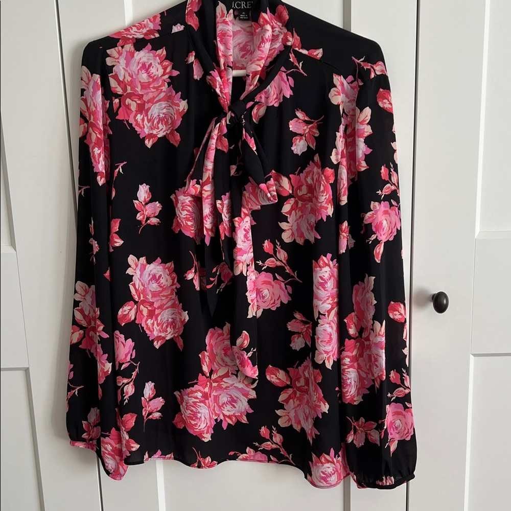 J. Crew Black and Pink Floral tie-neck Blouse